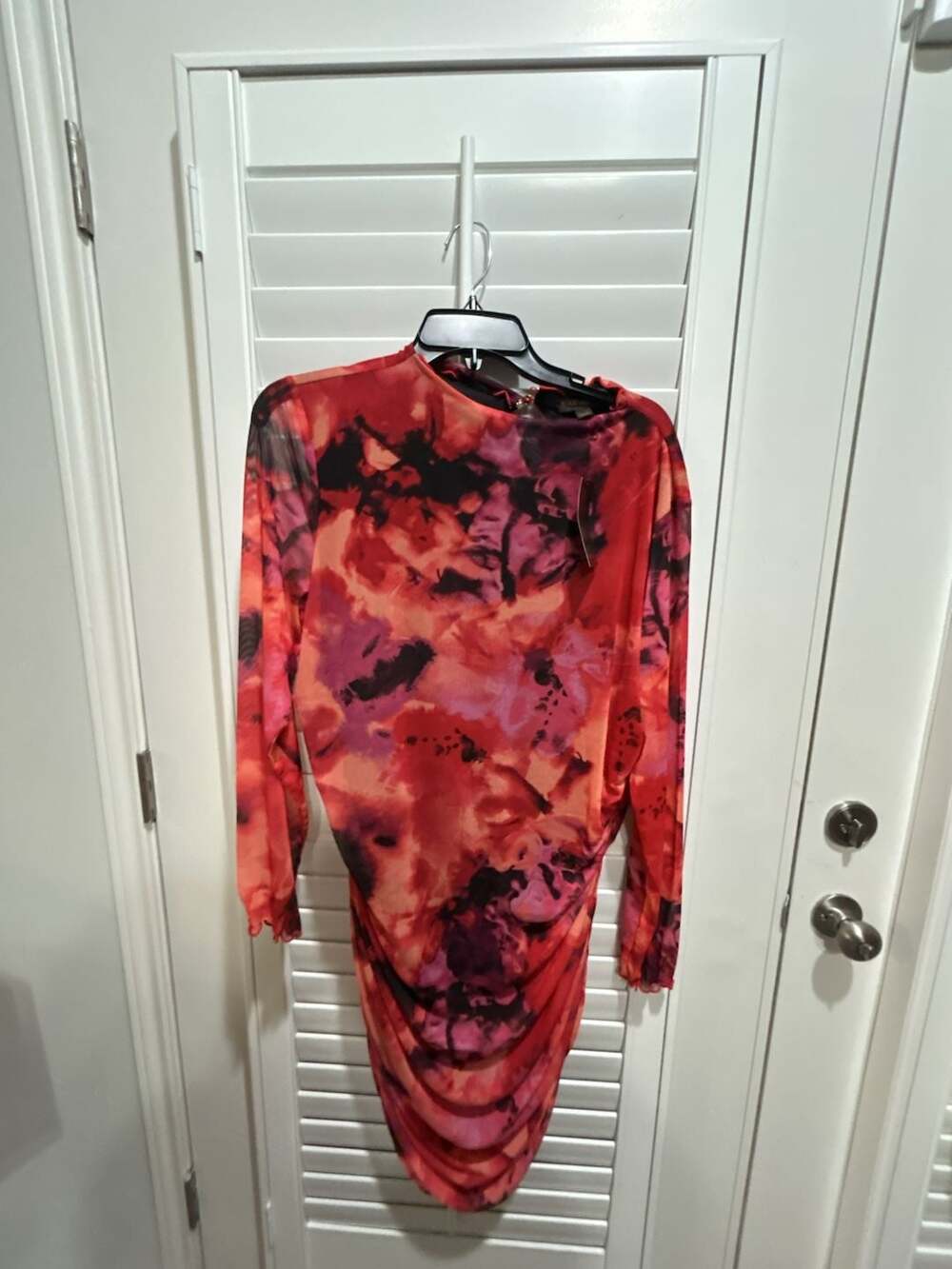 BOLD elements Red Tie-Dye Printed Mesh Long Sleeve Bodycon Dress